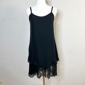 Alice + Olivia Dress 100%‎ Silk Black Lace Trim Asymmetrical Mini Slip Size XS